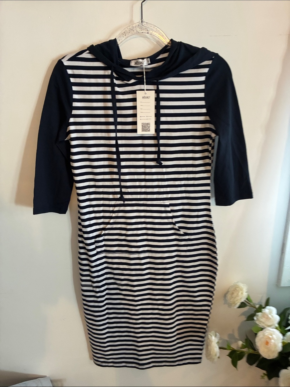 Striped  Nautical Navy White Midi Hoodie Dress with 3/4 Sleeves Sz S NWT